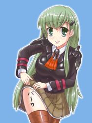 Rule 34 | 10s, 1girl, blazer, blush, breasts, brown thighhighs, easily, green eyes, green hair, hair ornament, hairclip, highres, jacket, kantai collection, large breasts, long hair, matching hair/eyes, personification, school uniform, skirt, smile, solo, suzuya (kancolle), thighhighs