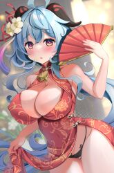 Rule 34 | 1girl, absurdres, ahoge, alternate breast size, bare shoulders, bell, black panties, blue hair, blush, breasts, cameltoe, china dress, chinese clothes, cleavage, clothes lift, covered erect nipples, dress, flower, ganyu (genshin impact), genshin impact, gluteal fold, hair flower, hair ornament, hand fan, highres, horns, koharutoki02, large breasts, lifting own clothes, long hair, looking at viewer, neck bell, open mouth, panties, pelvic curtain, pelvic curtain lift, purple eyes, sidelocks, silk flower (genshin impact), solo, standing, thigh gap, thighs, underwear
