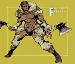 Rule 34 | 1boy, axe, bandaged arm, bandaged leg, bandages, bara, bare pectorals, black male underwear, boots, brown hair, capelet, character name, copyright name, cross scar, dual wielding, english text, facial hair, facial scar, fighting stance, full body, fur-trimmed capelet, fur trim, galahad (f-kare), goatee, green background, grin, holding, holding axe, inset border, male focus, male underwear, muscular, muscular male, pectorals, romaji text, scar, scar on cheek, scar on face, short hair, shoukan yuusha to f-kei kareshi, simple background, smile, solo, thick eyebrows, underwear, yoshiyuki (nein69yoshiyuki)