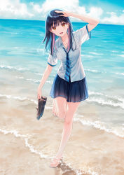 Rule 34 | 1girl, absurdres, barefoot, beach, black hair, blue hair, blue skirt, blue sky, brown eyes, cloud, collared shirt, colored inner hair, commentary request, day, dengeki bunko, feet, full body, highres, hiten (hitenkei), holding, holding shoes, long hair, looking at viewer, multicolored hair, nito chika, ocean, outdoors, pink hair, pleated skirt, school uniform, second-party source, shirt, shoes, short sleeves, skirt, sky, solo, streaked hair, toes, two-tone hair, white shirt