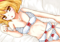 Rule 34 | 1girl, :p, alice margatroid, bed, blonde hair, blush, bow, bra, breasts, cleavage, female focus, garter belt, hairband, lingerie, natsume riu, navel, panties, ribbon, short hair, shy, solo, strap slip, tongue, tongue out, touhou, underwear, underwear only, yellow eyes