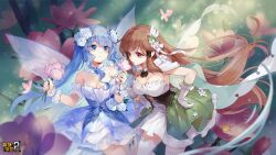 Rule 34 | 2girls, artemis (benghuai xueyuan), bare shoulders, benghuai xueyuan, blue eyes, blue hair, breasts, brown eyes, brown hair, character request, cleavage, copyright name, flower, gloves, hair flower, hair ornament, highres, holding, holding flower, honkai (series), long hair, medium breasts, multiple girls, official art, second-party source, wings