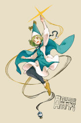 Rule 34 | 1girl, arm up, boots, calligraphy brush, coco (tongari boushi no atelier), copyright name, dress, floating, full body, green eyes, green hair, hat, hatoya hato, highres, holding, ink, ink bottle, long sleeves, open mouth, paintbrush, qifrey&#039;s atelier apprentice uniform, short hair, smile, solo, sparkle, tongari boushi no atelier, witch hat