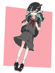 Rule 34 | 1girl, nanashi inc., alternate costume, alternate hairstyle, backpack, bag, bespectacled, black-framed eyewear, black bag, black footwear, black hair, black serafuku, black shirt, black skirt, blue hair, closed mouth, commentary request, demon girl, demon horns, fang, fang out, flat chest, full body, glasses, highres, horns, long hair, looking at viewer, multicolored hair, neckerchief, pink background, pleated skirt, pointy ears, red eyes, red neckerchief, school uniform, semi-rimless eyewear, serafuku, shirt, shishio chris, shoes, short sleeves, simple background, skin fang, skirt, sneakers, socks, solo, sugar lyric, tomatojam, twintails, two-tone hair, under-rim eyewear, virtual youtuber, white background, white socks