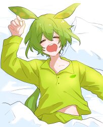Rule 34 | 1girl, = =, alternate costume, blanket, blush, collarbone, commentary, cowboy shot, drooling, facing viewer, from above, green hair, green pajamas, green shirt, hand up, highres, long hair, long sleeves, low ponytail, lying, messy sleeper, midriff peek, mouth drool, on back, open mouth, pajamas, pillow, round teeth, shiino (shi no q), shirt, sleeping, solo, symbol-only commentary, teeth, voicevox, zundamon