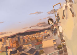Rule 34 | 2girls, bad id, bad pixiv id, black hair, blazer, blue eyes, blush, bow, cityscape, climbing, cloud, day, dutch angle, jacket, ladder, loafers, looking back, mountain, multiple girls, naro0427, open mouth, original, rooftop, scenery, school uniform, shoes, short hair, sitting, skirt, sky