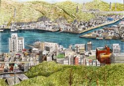 Rule 34 | aorie iroen, building, city, colored pencil (medium), forest, lake, nature, no humans, original, real world location, river, riverbank, scenery, traditional media, tree, water