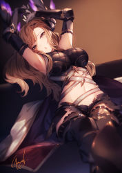 Rule 34 | 1girl, armpits, arms up, asymmetrical hair, bare shoulders, belt, black legwear, black shorts, blush, breasts, brown eyes, crop top, elbow gloves, genyaky, gloves, granblue fantasy, grey gloves, head wings, highres, large breasts, leaning back, light brown hair, long hair, looking at viewer, midriff, navel, open mouth, short shorts, shorts, sidelocks, sitting, solo, thighs, tweyen (granblue fantasy), wings