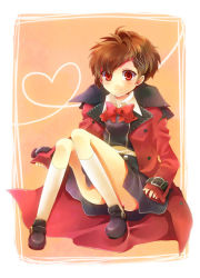 Rule 34 | atlus, bad id, bad pixiv id, blush, brown hair, coat, kneehighs, oversized clothes, persona, persona 3, persona 3 portable, red eyes, ribbon, school uniform, shiomi kotone, shooting428star, sitting, skirt, smile, socks, solo, trench coat