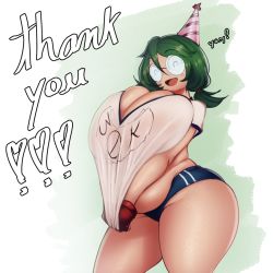 Rule 34 | 1girl, breasts, cleavage, coffeeslice, coke-bottle glasses, english text, fat, glasses, gloves, green hair, gym uniform, hair between eyes, hat, heart, highres, huge breasts, looking at viewer, nerd (coffeeslice), original, party hat, plump, red gloves, shiny skin, short hair, solo, standing, thick thighs, thighs, twintails