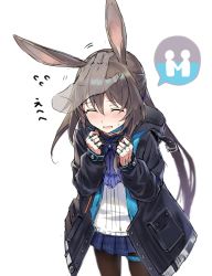 Rule 34 | 1girl, ^ ^, amiya (arknights), animal ears, arknights, ascot, bad id, bad pixiv id, black pantyhose, blush, brown hair, closed eyes, commentary request, hand on another&#039;s head, happy, headpat, highres, hood, hooded jacket, jacket, jewelry, kataokasan, long hair, pantyhose, pleated skirt, rabbit ears, ring, skirt, solo, solo focus, very long hair