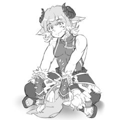 Rule 34 | 10s, 1boy, animal ears, drawfag, facial mark, gajel (last period), gloves, goat horns, greyscale, horns, last period, crossed legs, looking at viewer, male focus, monochrome, sandals, sitting, sketch, smile, spiked gloves
