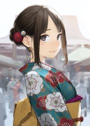 Rule 34 | 1girl, blue kimono, blush, brown eyes, brown hair, closed mouth, commentary request, douki-chan (douki-chan), earrings, floral print, ganbare douki-chan, hair ornament, highres, japanese clothes, jewelry, kimono, light smile, looking at viewer, obi, print kimono, sash, short hair, sidelocks, smile, solo focus, wavy mouth, yomu (sgt epper)