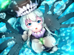 Rule 34 | 1girl, abyssal ship, air bubble, black gloves, blue eyes, blush, bodysuit, breasts, bubble, commentary request, foreshortening, gloves, headgear, highres, kantai collection, long hair, looking at viewer, norun (lunatichigh0), open mouth, reaching, reaching towards viewer, silver hair, solo, underwater, wo-class aircraft carrier