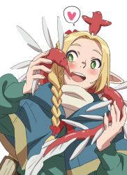 Rule 34 | 1girl, affectionate, animal, animal around neck, animal on head, asymmetrical hair, ayamame, bird, bird on head, blonde hair, blue capelet, blue robe, book, braid, capelet, creature, dungeon meshi, dutch angle, elf, happy, heart, highres, hood, hood down, hooded capelet, long hair, long sleeves, looking at animal, marcille&#039;s familiar, marcille donato, on head, open mouth, parted bangs, pointy ears, robe, scarf, side braid, simple background, spoken heart, upper body, white background, winter clothes