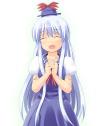 Rule 34 | 1girl, 2011 sendai earthquake and tsunami, ^ ^, blue dress, blue hair, closed eyes, dress, female focus, hat, highres, kamishirasawa keine, own hands clasped, own hands together, phantom2071, praying, silver hair, simple background, solo, tears, touhou, white background