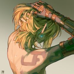 Rule 34 | 1boy, absurdres, arm tattoo, arms up, back, blonde hair, chinese commentary, earrings, from behind, hair lift, highres, jewelry, lifted by self, link, male focus, nintendo, pointy ears, short hair, signature, simple background, sweat, tattoo, the legend of zelda, the legend of zelda: tears of the kingdom, topless male, yuli yuri