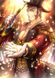 Rule 34 | 1boy, beard, blue eyes, blush, brown hair, commentary request, epaulettes, facial hair, fate/grand order, fate (series), gloves, hat, highres, jacket, long sideburns, long sleeves, looking at viewer, male focus, napoleon bonaparte (fate), official alternate costume, pectorals, scar, sideburns, solo, spotlight, staff, uniform, welcome to the travelling circus!, zuman (zmnjo1440)