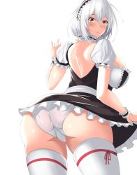 Rule 34 | 1girl, ass, azur lane, back, blush, closed mouth, clothes lift, core1013, dress, dress lift, feet out of frame, hairband, highres, lips, looking back, maid, maid headdress, panties, red eyes, short hair, silver hair, sirius (azur lane), solo, standing, thighhighs, underwear, white background, white panties, white thighhighs