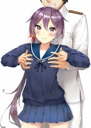 Rule 34 | 10s, 1boy, 1girl, admiral (kancolle), akebono (kancolle), bell, blush, grabbing another&#039;s breast, commentary request, flower, grabbing, grabbing from behind, grin, guided breast grab, guiding hand, hair bell, hair bobbles, hair flower, hair ornament, hetero, highres, jingle bell, kantai collection, long hair, looking at viewer, neck ribbon, pleated skirt, purple hair, ribbon, school uniform, serafuku, side ponytail, skirt, smile, somalisu, sweater, very long hair