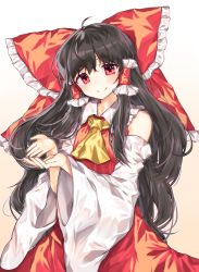 Rule 34 | 1girl, ahoge, ascot, bad id, bad pixiv id, bare shoulders, black hair, blush, bow, cheunes, cupping hands, detached sleeves, dress, hair bow, hair ribbon, hair tubes, hakurei reimu, head tilt, highres, huge bow, large ribbon, long hair, looking at viewer, own hands together, red eyes, ribbon, smile, solo, touhou, very long hair, yellow ascot