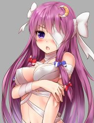 Rule 34 | 1girl, bandage over one eye, bandages, blue bow, bow, breast hold, breasts, chiroshiron, covered erect nipples, crescent, crescent hair ornament, grey background, hair bow, hair ornament, highres, large breasts, long hair, naked bandage, open mouth, patchouli knowledge, purple eyes, purple hair, red bow, simple background, solo, touhou, upper body, very long hair, white bow