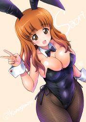 Rule 34 | 1girl, :d, animal ears, artist name, bare shoulders, black leotard, blush, bow, bowtie, breasts, brown eyes, character name, cleavage, curvy, detached collar, fake animal ears, fishnet pantyhose, fishnets, from above, girls und panzer, highleg, highleg leotard, kamogawa tanuki, large breasts, leotard, long hair, looking at viewer, open mouth, orange hair, pantyhose, playboy bunny, rabbit ears, shiny skin, side-tie leotard, smile, solo, takebe saori, twitter username, v, wide hips, wrist cuffs