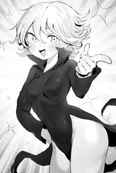 Rule 34 | 1girl, absurdres, blush, breasts, collared dress, covered navel, cowboy shot, dress, eyelashes, flipped hair, foreshortening, hair between eyes, hand on own hip, highres, leaning forward, long sleeves, looking at viewer, monochrome, niwarhythm, one-punch man, open mouth, out of character, pelvic curtain, short hair, small breasts, smile, solo, sparkle, tatsumaki, thighs