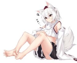 Rule 34 | 1girl, absurdres, animal ear fluff, animal ears, bare legs, barefoot, black skirt, breasts, closed mouth, commentary request, detached sleeves, feet, full body, hair between eyes, hand under clothes, hand under shirt, hat, highres, inubashiri momiji, iwashi (nisankatanso), large breasts, pom pom (clothes), red eyes, red hat, ribbon-trimmed sleeves, ribbon trim, scratching, shirt, short hair, simple background, sitting, skirt, sleeveless, sleeveless shirt, soles, solo, squiggle, tail, thick eyebrows, toenails, toes, tokin hat, touhou, translated, white background, white hair, white shirt, white sleeves, wolf ears, wolf tail