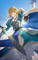 Rule 34 | 1girl, absurdres, ahoge, armor, armored dress, artoria pendragon (all), artoria pendragon (fate), blonde hair, blue cape, blue dress, blue ribbon, blue sky, breastplate, cape, cloud, dress, excalibur (fate/stay night), fate/grand order, fate (series), faulds, floating, floating object, floating sword, floating weapon, fur-trimmed cape, fur trim, gauntlets, green eyes, hair bun, hair ribbon, highres, hoshi rasuku, juliet sleeves, light particles, long sleeves, looking at object, looking down, armored boots, outstretched hand, parted lips, puffy sleeves, reaching, ribbon, saber (fate), skirt, sky, solo, star (symbol), sword, weapon, white skirt