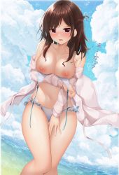 Rule 34 | 1girl, arm under breasts, bikini, bikini pull, blue bikini, blush, breast hold, breasts, brown hair, clothes pull, collarbone, commentary request, day, highres, long hair, looking at viewer, minato ojitan, navel, nipples, off shoulder, open clothes, open mouth, open shirt, original, outdoors, red eyes, shirt, solo, standing, swimsuit, untied bikini, white shirt, wind