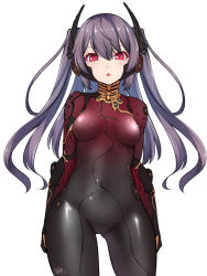 Rule 34 | 1girl, :o, bodysuit, breasts, grey hair, hair between eyes, headgear, highres, humanization, long hair, looking at viewer, nova (warframe), nova prime (warframe), open mouth, patton (cross-bones-t), red eyes, simple background, small breasts, solo, twintails, warframe, white background