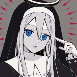 Rule 34 | 1girl, blue eyes, commentary, double-parted bangs, grey background, hair between eyes, halo, hand up, highres, kamippoina (vocaloid), long hair, long sleeves, looking at viewer, nun, project sekai, solo, teneko02, tongue, tongue out, upper body, veil, yoisaki kanade