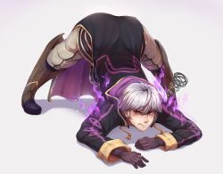 Rule 34 | 1boy, angry, artist name, aura, black coat, black gloves, boots, brown footwear, clenched teeth, coat, evomanaphy, fire emblem, fire emblem heroes, frown, full body, gloves, gradient background, grima (fire emblem), highres, hood, hood down, jack-o&#039; challenge, long sleeves, looking at viewer, magic, male focus, meme, nintendo, pants, red eyes, robin (fire emblem), robin (male) (fire emblem), simple background, slit pupils, solo, squiggle, teeth, top-down bottom-up, v-shaped eyebrows, white hair