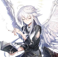 Rule 34 | 1girl, ahoge, angel, angel wings, arm cutout, arm strap, bandaid, bandaid on arm, bandaid on hand, between fingers, bible (object), black dress, black nails, blood, bloody weapon, blue eyes, book, cigarette, closed eyes, collared shirt, dress, feathered wings, hair between eyes, halo, highres, holding, holding book, holding cigarette, holstered, long hair, long sleeves, morichika shuuto, nail polish, open book, original, shirt, simple background, smoke trail, solo, sword, weapon, white background, white hair, wings