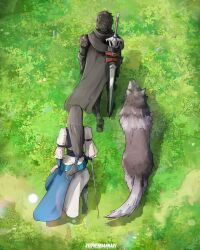 1boy 1girl absurdres black_cape black_hair cape clive_rosfield dog final_fantasy final_fantasy_xvi from_above grass grey_hair highres jill_warrick long_hair long_skirt low-tied_long_hair skirt stephengiannart sword torgal_(ff16) walking weapon weapon_on_back