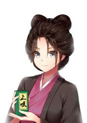 Rule 34 | 1girl, black hair, black kimono, blue eyes, breasts, commentary request, emma the gentle blade, face, hair bun, holding, japanese clothes, kimono, long sleeves, looking at viewer, medium breasts, pink kimono, qingwa fu luo, sekiro: shadows die twice, short hair, simple background, smile, solo, translation request, white background
