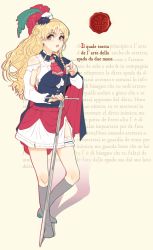 Rule 34 | 1girl, armpit cutout, blonde hair, boots, braid, breasts, clothing cutout, dongsa wonhyong, feathers, grey footwear, grey legwear, hair between eyes, hat, hat feather, high heel boots, high heels, highres, holding, holding sword, holding weapon, italian text, kantai collection, knee boots, large breasts, long hair, long sleeves, open mouth, red neckwear, side braid, simple background, solo, standing, sword, text background, wavy hair, weapon, white hat, zara (kancolle)