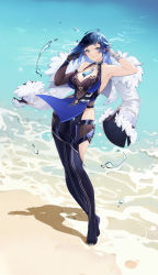 Rule 34 | 1girl, absurdres, ahoge, armpits, asymmetrical gloves, bare shoulders, beach, black footwear, black gloves, blue eyes, blue hair, blunt bangs, breasts, chinese commentary, cleavage, commentary request, dice, full body, genshin impact, gloves, hands up, highres, jacket, large breasts, looking at viewer, mismatched gloves, ocean, outdoors, shadow, short hair, sleeveless, smile, solo, standing, thighs, water, white gloves, white jacket, wudiyuzhouxiaohuanxiong, yelan (genshin impact)