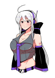 Rule 34 | 1girl, ahoge, bare shoulders, belt, belt buckle, birdsong, blush, breasts, buckle, closed mouth, detached sleeves, headphones, large breasts, long hair, midriff, necktie, ponytail, red eyes, silver hair, simple background, smile, solo, upper body, vocaloid, white background, yowane haku