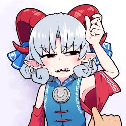 Rule 34 | 1girl, 1other, arm up, armpits, blue dress, blush, commentary request, curly hair, detached sleeves, dress, earrings, flat chest, half-closed eyes, highres, horn ornament, horn ribbon, horns, jewelry, looking down, meandros, medium bangs, patterned clothing, pointy ears, red eyes, red horns, red sleeves, ribbon, sharp teeth, sheep horns, short hair, sleeve pull, solidus (sword cube), solo focus, teeth, textless version, touhou, toutetsu yuuma, upper body