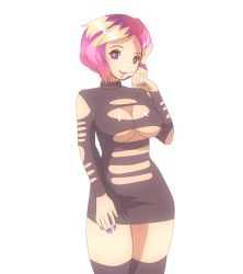 Rule 34 | 1girl, animated, animated gif, black thighhighs, blonde hair, bouncing breasts, breasts, cleavage, dress, eyeshadow, female focus, fingernails, heart, large breasts, light smile, lip piercing, lipstick, long sleeves, makeup, multicolored hair, nail polish, nenna, no bra, one eye closed, piercing, pink eyes, pink hair, revealing clothes, short dress, short hair, simple background, smile, solo, thighhighs, white background, wink