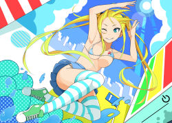 Rule 34 | 1girl, armpits, arms up, bikini, bikini top only, blonde hair, blue eyes, grin, haseneko, long hair, one eye closed, original, panties, side-tie panties, smile, solo, striped clothes, striped thighhighs, swimsuit, thighhighs, twintails, underwear