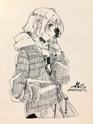 Rule 34 | 1girl, blush, closed mouth, commentary request, hand in pocket, hatching (texture), highres, hood, hood down, hoodie, jacket, kashikaze, long sleeves, love live!, love live! sunshine!!, nib pen (medium), short hair, sidelocks, signature, simple background, solo, traditional media, watanabe you