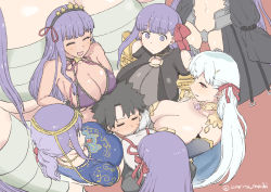 Rule 34 | 1boy, 6+girls, armor, arms under breasts, bandaged arm, bandages, bb (fate), bb (fate) (all), bb (swimsuit mooncancer) (fate), bead bracelet, beads, bikini, bikini armor, black coat, black hair, blue shirt, blush, bracelet, breasts, circlet, claws, cleavage, closed eyes, coat, collar, crossed arms, crotch plate, earrings, fate/extra, fate/extra ccc, fate/grand order, fate (series), flower, fujimaru ritsuka (male), giant, giantess, greaves, hair ornament, hair ribbon, hairband, huge breasts, indian clothes, jewelry, kama (fate), kingprotea (fate), large breasts, leotard, long hair, lotus, matou sakura, meltryllis (fate), metal collar, mo (kireinamo), multiple girls, multiple persona, naked bandage, navel, neck ribbon, necklace, o-ring, open clothes, open coat, open mouth, parvati (fate), passionlip (fate), ponytail, popped collar, purple bikini, purple eyes, purple hair, red eyes, red ribbon, revealing clothes, ribbon, shirt, short hair, short sleeves, silver hair, sleeves past fingers, sleeves past wrists, spiked hair, star (symbol), star earrings, star hair ornament, surrounded by breasts, swimsuit, tan, very long hair, white leotard