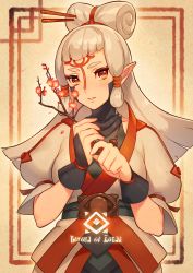 Rule 34 | 1girl, branch, breasts, fingerless gloves, flower, gloves, hair ornament, highres, long hair, looking at viewer, nintendo, parted lips, paya (zelda), pink hair, pointy ears, puffy short sleeves, puffy sleeves, red eyes, short sleeves, solo, the legend of zelda, the legend of zelda: breath of the wild, tubumi, white hair
