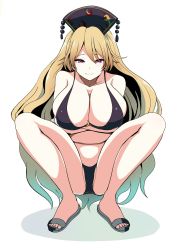 Rule 34 | 1girl, alternate costume, amisu, bare legs, bare shoulders, bikini, black bikini, blonde hair, breast hold, breasts, cleavage, closed mouth, collarbone, crescent, crossed arms, full body, hat, highres, junko (touhou), large breasts, long hair, looking at viewer, one-hour drawing challenge, red eyes, sandals, sideboob, smile, solo, squatting, swimsuit, touhou, very long hair, white background