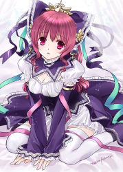 Rule 34 | 1girl, bow, breasts, cleavage, detached sleeves, dress, earrings, hair bow, jewelry, long hair, looking at viewer, open mouth, pink eyes, pink hair, ribbon, sakuragi akira, sangokushi taisen, sitting, solo, thighhighs, v arms, wariza, white thighhighs, xiao qiao