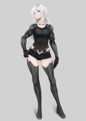 Rule 34 | 1girl, android, black panties, blue eyes, boots, breasts, collarbone, commentary request, contrapposto, full body, grey background, hair between eyes, hand on own hip, highleg, highleg panties, highres, imizu (nitro unknown), joints, long hair, long legs, mechanical arms, medium breasts, nier (series), nier:automata, panties, robot joints, short shorts, shorts, silver hair, skindentation, solo, standing, tank top, thigh boots, thighhighs, underwear, a2 (nier:automata)