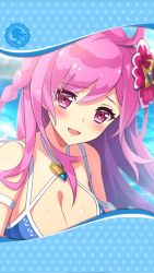 Rule 34 | 1girl, artist request, blue one-piece swimsuit, blush, braid, breasts, cleavage, flower, framed image, hair between eyes, hair flower, hair ornament, highres, long hair, medium breasts, official art, one-piece swimsuit, open mouth, phantom of the kill, pink eyes, pink hair, swimsuit, tyrfing (phantom of the kill)